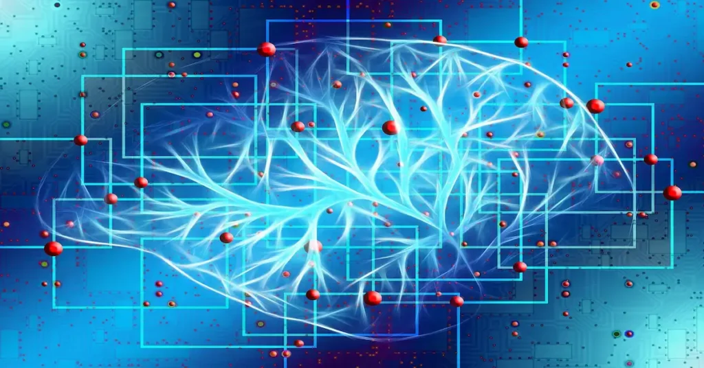 Computer screen with a blue backdrop and a brain, representing advancements in Artificial Intelligence and automation in 2025's daily life.