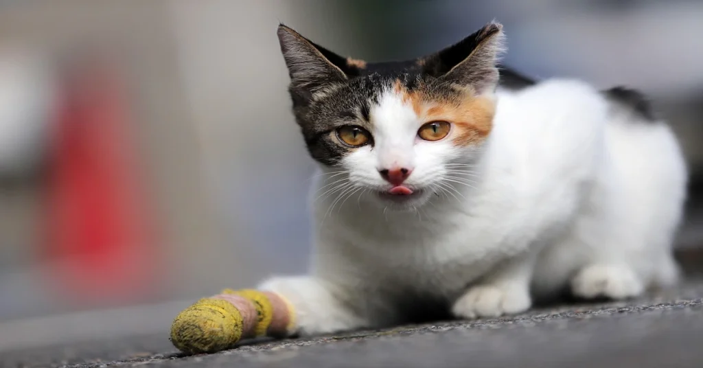 A cat with a bandaged paw, highlighting the need for essential first aid tips for pet emergencies and injuries.