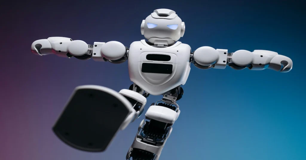 A robot joyfully jumps in the air with arms outstretched, symbolizing the excitement of AI tools Revolutionizing daily life.