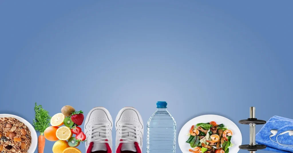 Colorful food and exercise items arranged on a blue background, representing daily habits to enhance health and well-being.