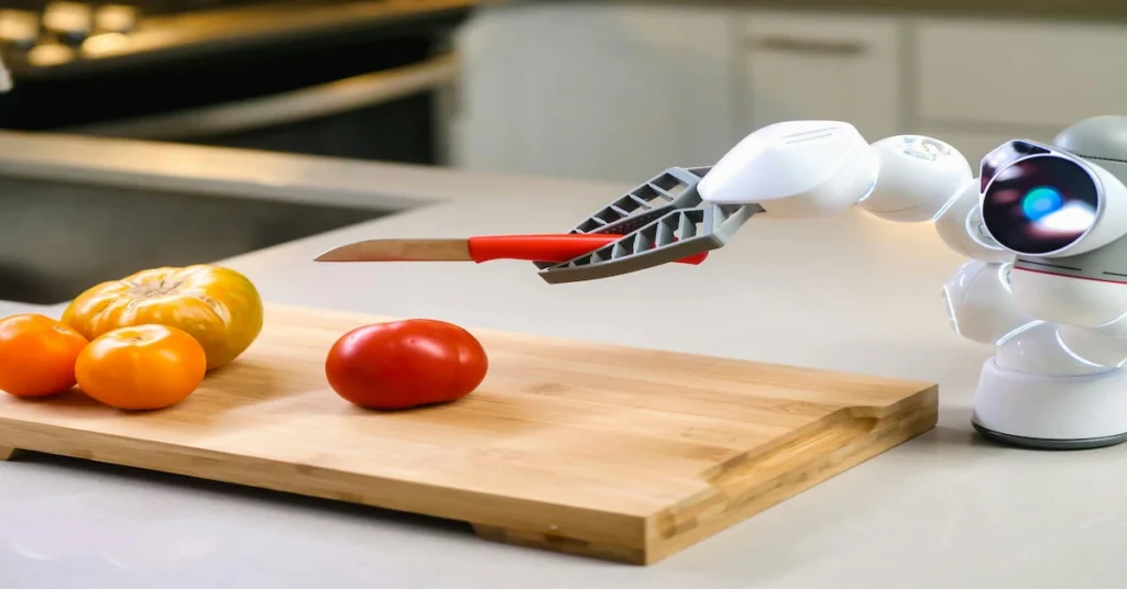 A smart kitchen robot slicing tomatoes on a cutting board, representing AI-powered automation in smart homes a key tech trend of 2025.