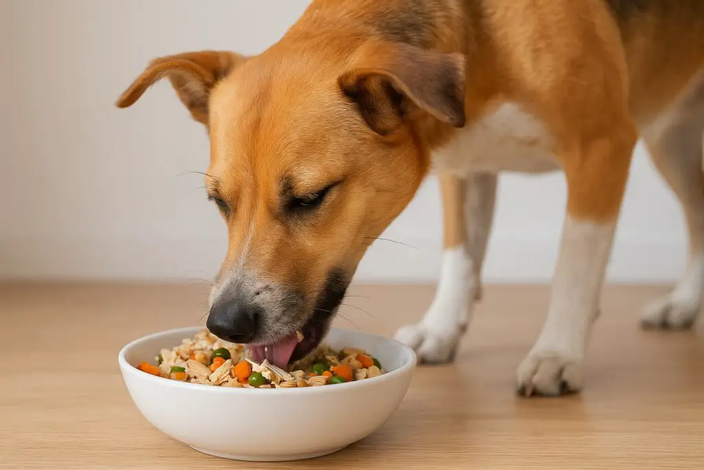 Dog enjoying a fresh homemade meal with chicken, rice, carrots, and peas in a white bowl.