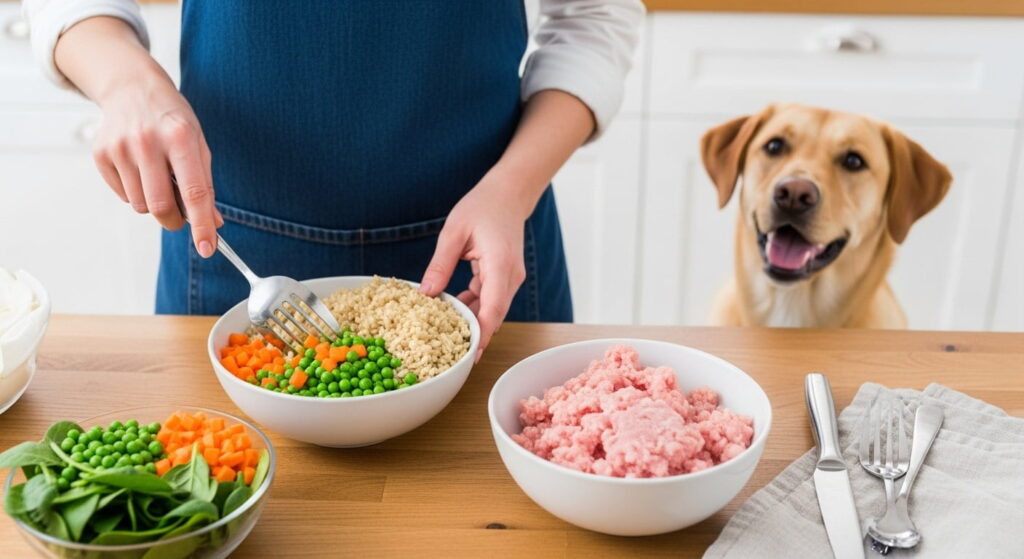 Person preparing healthy homemade dog food with rice, vegetables, and turkey while a dog watches beside the counter.