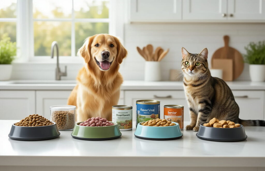Multiple colorful bowls filled with different types of dry and wet pet food, featuring a dog and cat in the background.