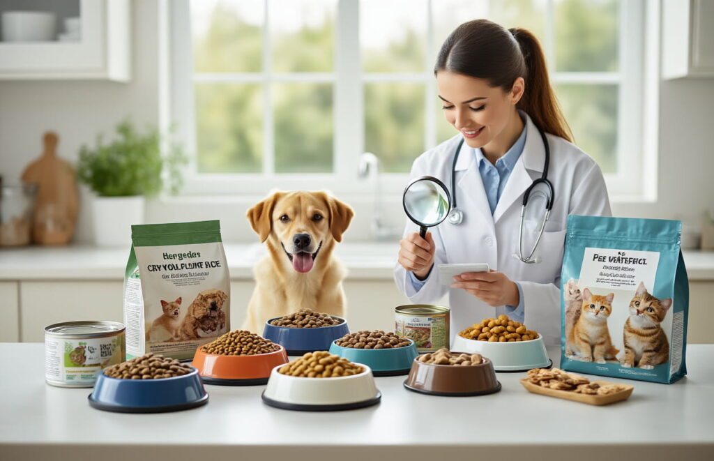 A female veterinarian examining pet food quality with a magnifying glass while a Golden Retriever and cat wait.